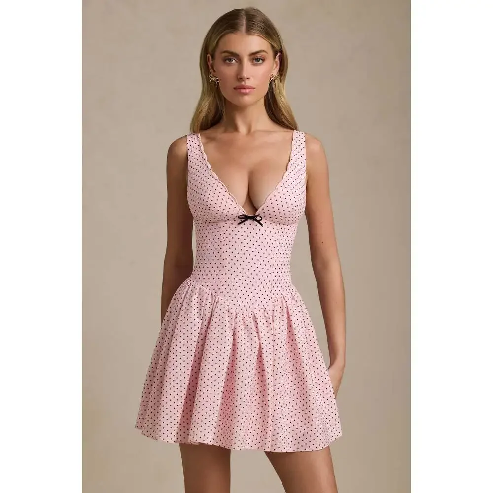 Oh Polly Bow-Detail A-Line Mini Dress in Pink Polka Dot 8 - Picture 1 of 3